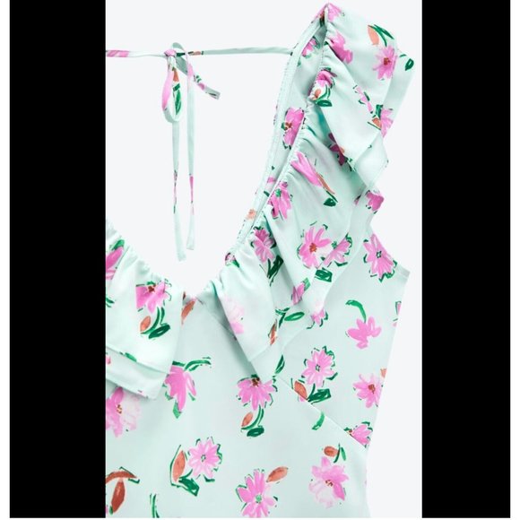 ZARA GREEN FLORAL PRINT SATIN MIDI DRESS WITH RUFFLE TRIMS SIZE S, NWT SS22 - Picture 9 of 10